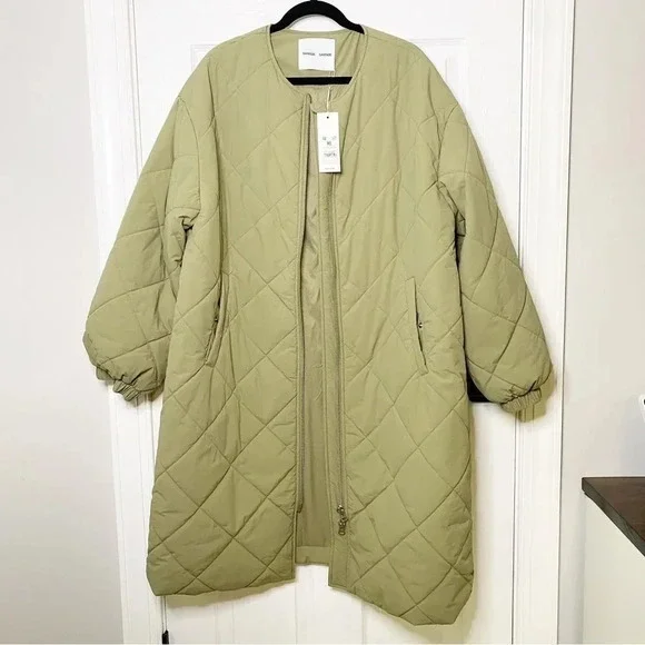 SAMSOE SAMSOE Nancy Quilted Collarless‎ Coat Covert Green Size XL - Picture 2 of 8
